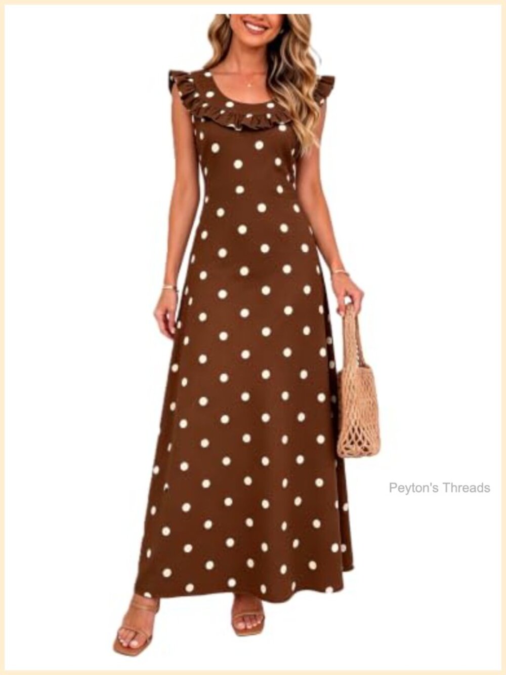 Polka Dot Maxi Dress Scoop Neck Ruffle Sleeve A-Line Flowy